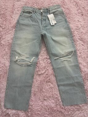 Zara Light Blue Straight Leg Ripped Jeans